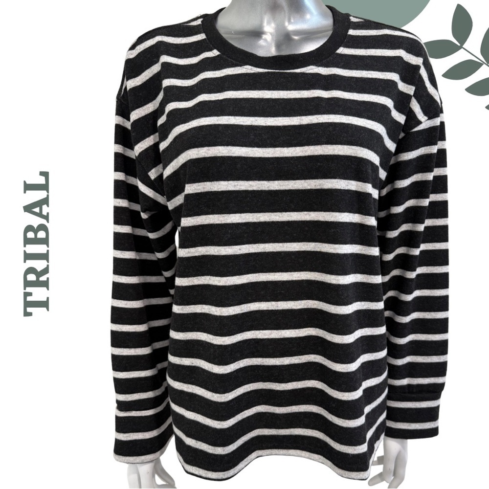 Tribal Black Cream Stripe Knit Top Medium NWT - Picture 4 of 8